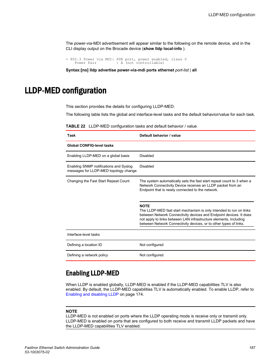 Lldp-med configuration, Enabling lldp-med | Brocade FastIron Ethernet Switch Administration Guide User Manual | Page 187 / 362