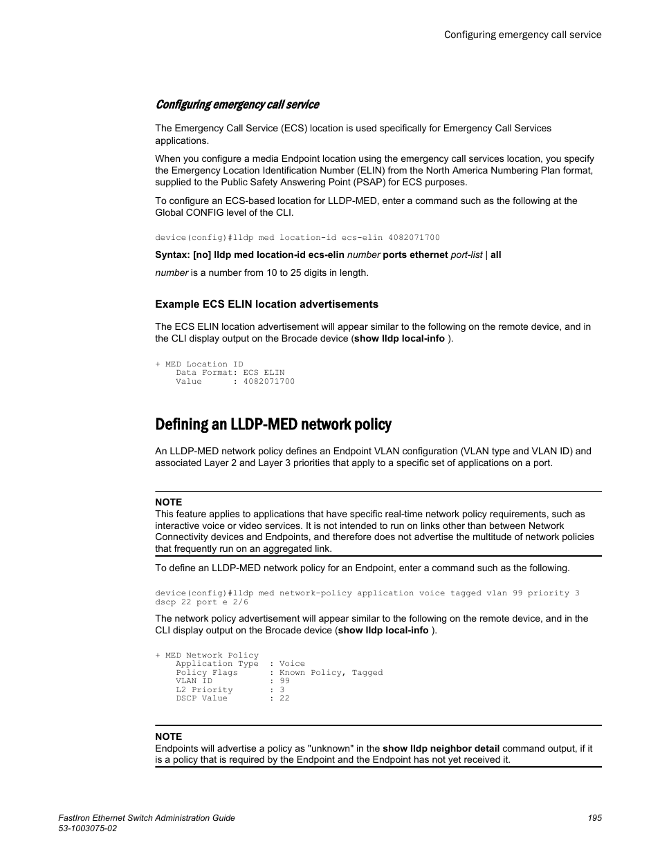 Configuring emergency call service, Defining an lldp-med network policy | Brocade FastIron Ethernet Switch Administration Guide User Manual | Page 195 / 362