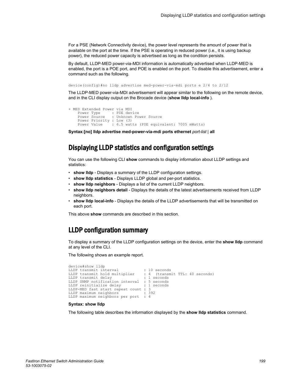 Lldp configuration summary | Brocade FastIron Ethernet Switch Administration Guide User Manual | Page 199 / 362