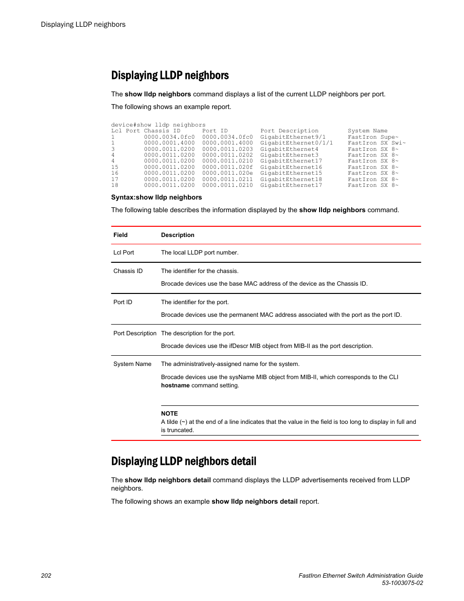 Displaying lldp neighbors, Displaying lldp neighbors detail | Brocade FastIron Ethernet Switch Administration Guide User Manual | Page 202 / 362