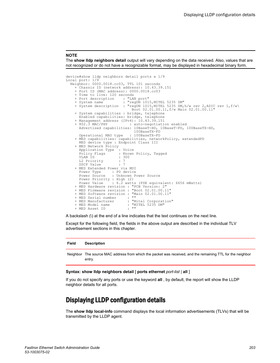 Displaying lldp configuration details | Brocade FastIron Ethernet Switch Administration Guide User Manual | Page 203 / 362