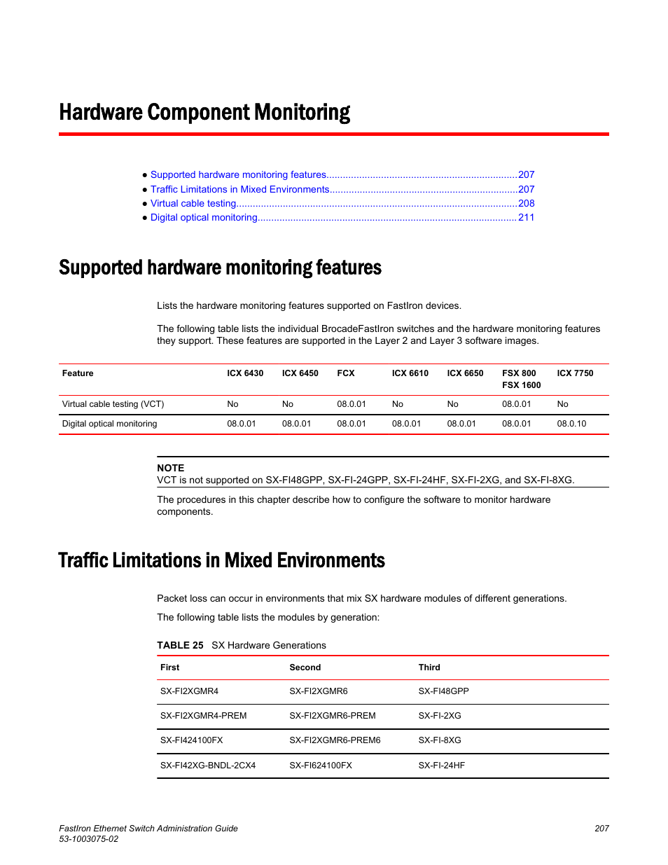 Hardware component monitoring, Supported hardware monitoring features, Traffic limitations in mixed environments | Brocade FastIron Ethernet Switch Administration Guide User Manual | Page 207 / 362