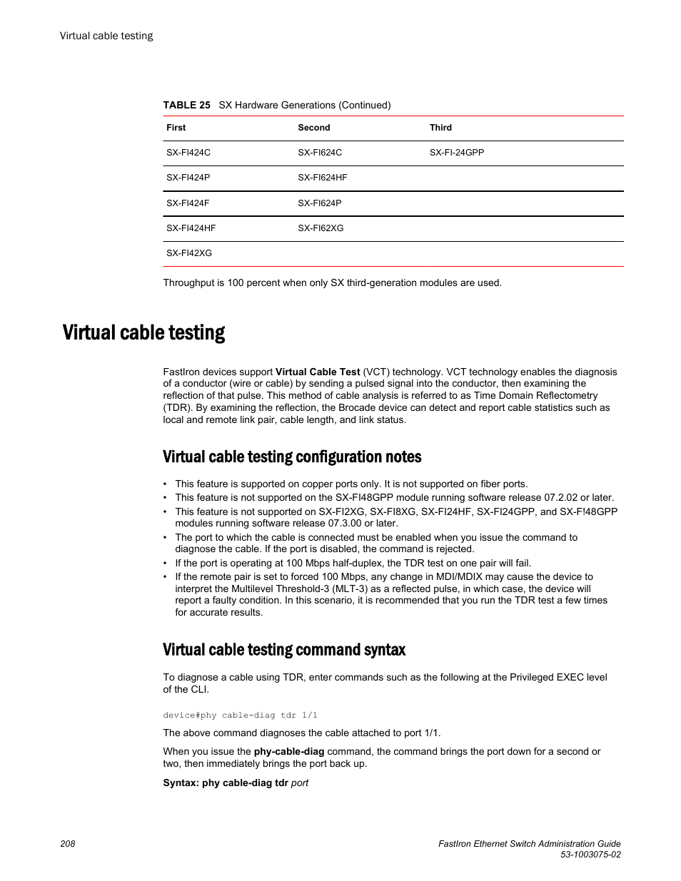 Virtual cable testing, Virtual cable testing configuration notes, Virtual cable testing command syntax | Brocade FastIron Ethernet Switch Administration Guide User Manual | Page 208 / 362