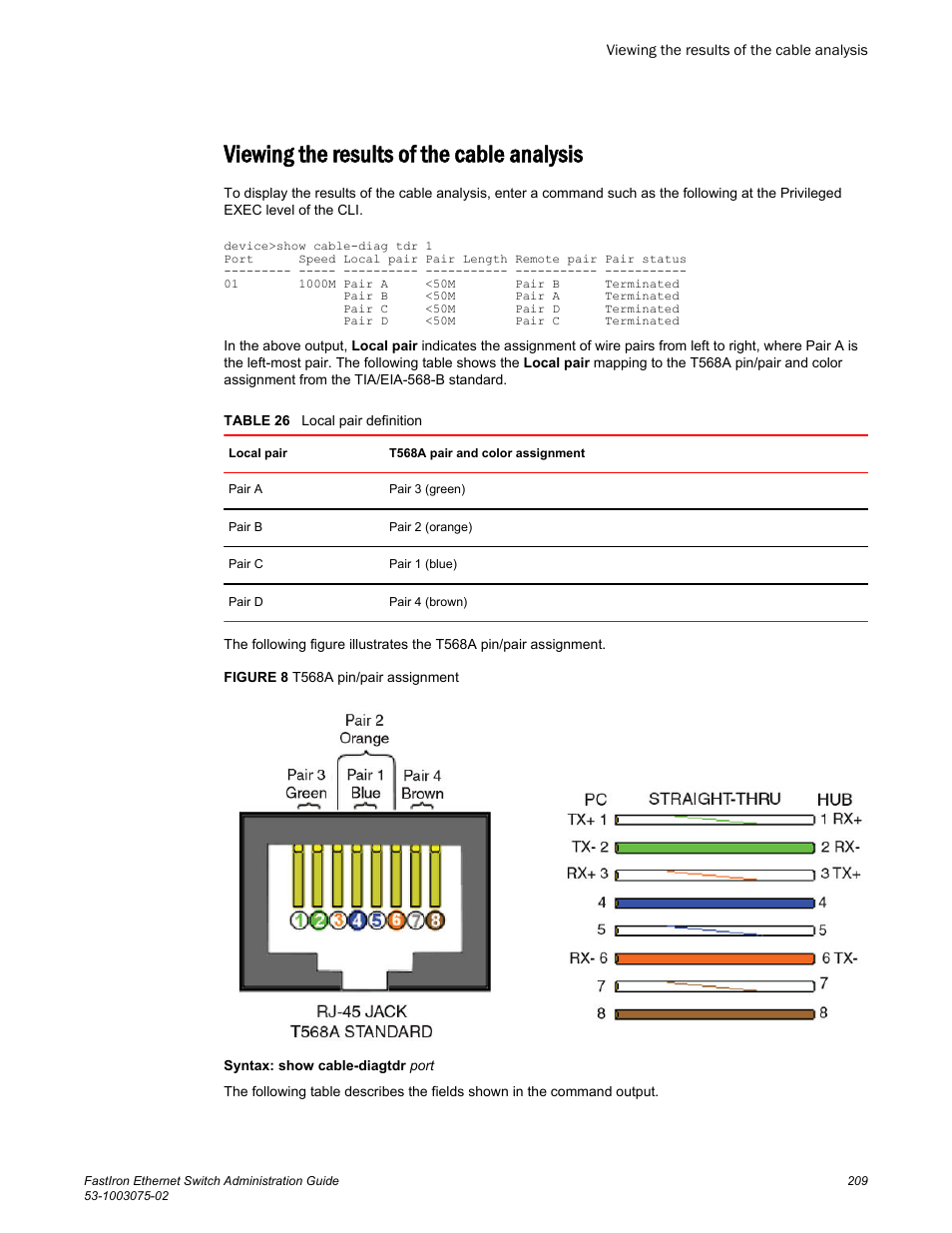 Viewing the results of the cable analysis | Brocade FastIron Ethernet Switch Administration Guide User Manual | Page 209 / 362