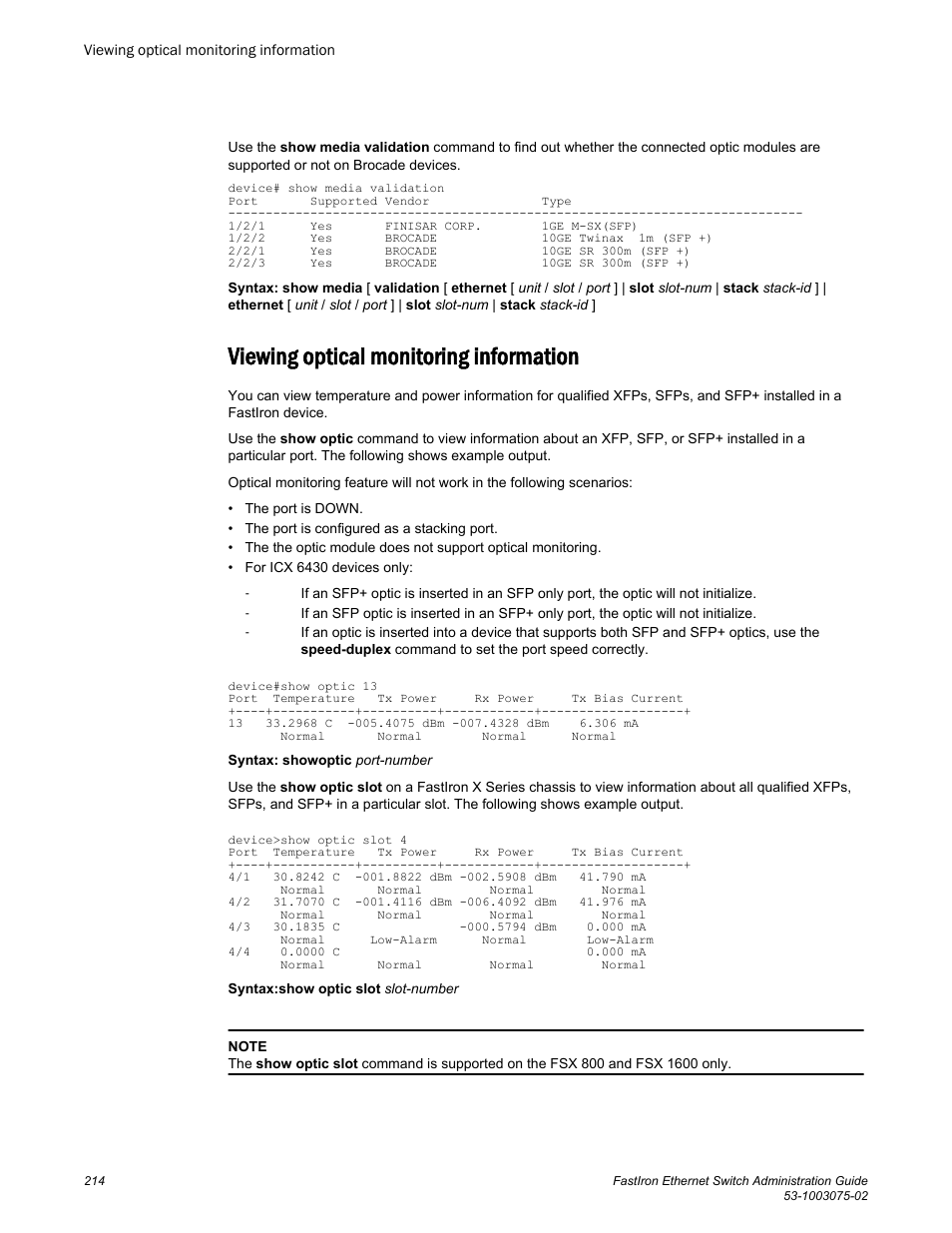Viewing optical monitoring information | Brocade FastIron Ethernet Switch Administration Guide User Manual | Page 214 / 362