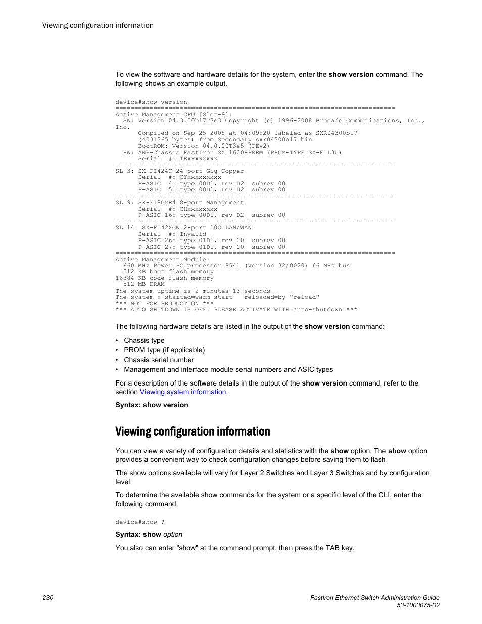 Viewing configuration information | Brocade FastIron Ethernet Switch Administration Guide User Manual | Page 230 / 362