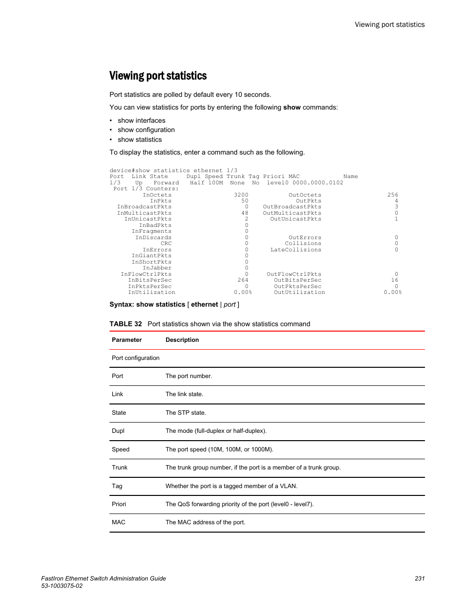 Viewing port statistics | Brocade FastIron Ethernet Switch Administration Guide User Manual | Page 231 / 362