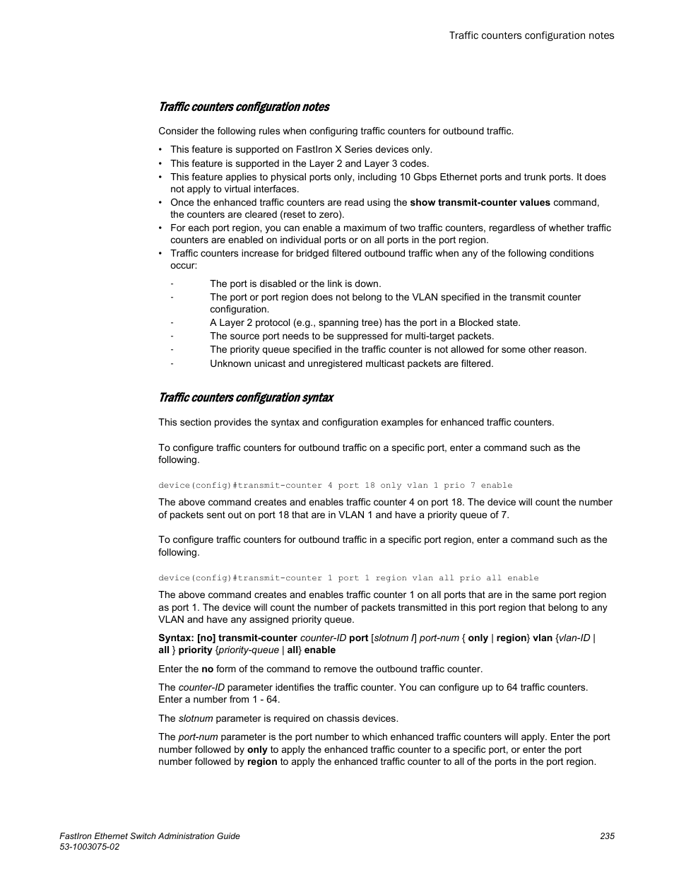 Traffic counters configuration notes, Traffic counters configuration syntax | Brocade FastIron Ethernet Switch Administration Guide User Manual | Page 235 / 362