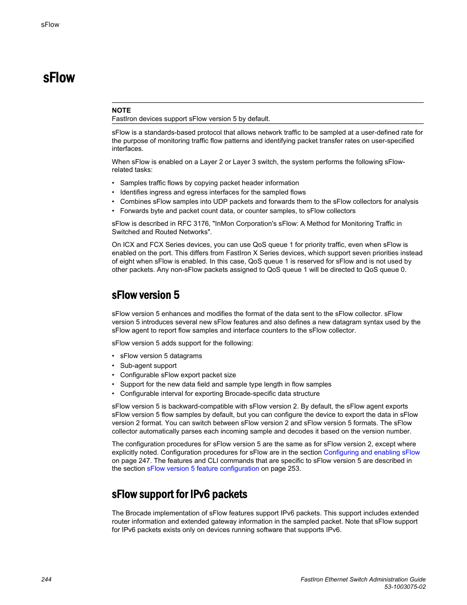 Sflow, Sflow version 5, Sflow support for ipv6 packets | Sflow version 5 sflow support for ipv6 packets | Brocade FastIron Ethernet Switch Administration Guide User Manual | Page 244 / 362