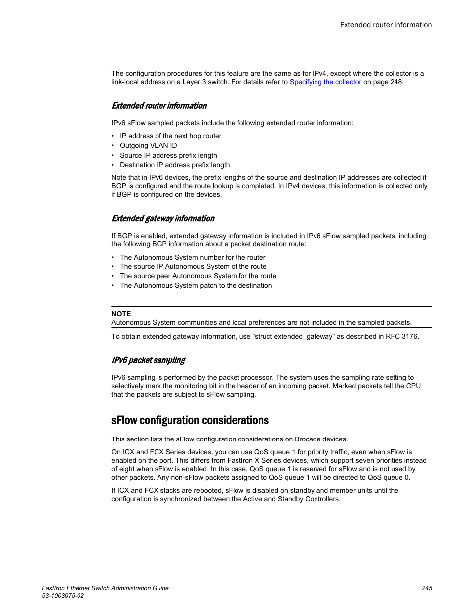 Extended router information, Extended gateway information, Ipv6 packet sampling | Sflow configuration considerations | Brocade FastIron Ethernet Switch Administration Guide User Manual | Page 245 / 362