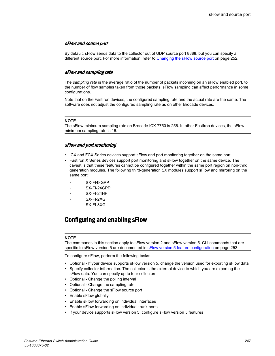 Sflow and source port, Sflow and sampling rate, Sflow and port monitoring | Configuring and enabling sflow | Brocade FastIron Ethernet Switch Administration Guide User Manual | Page 247 / 362