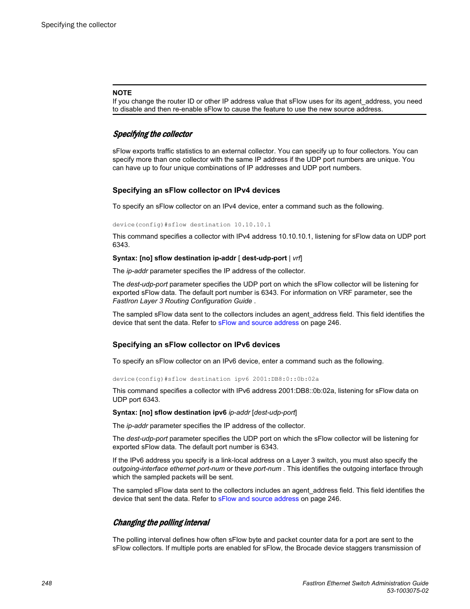 Specifying the collector, Changing the polling interval | Brocade FastIron Ethernet Switch Administration Guide User Manual | Page 248 / 362