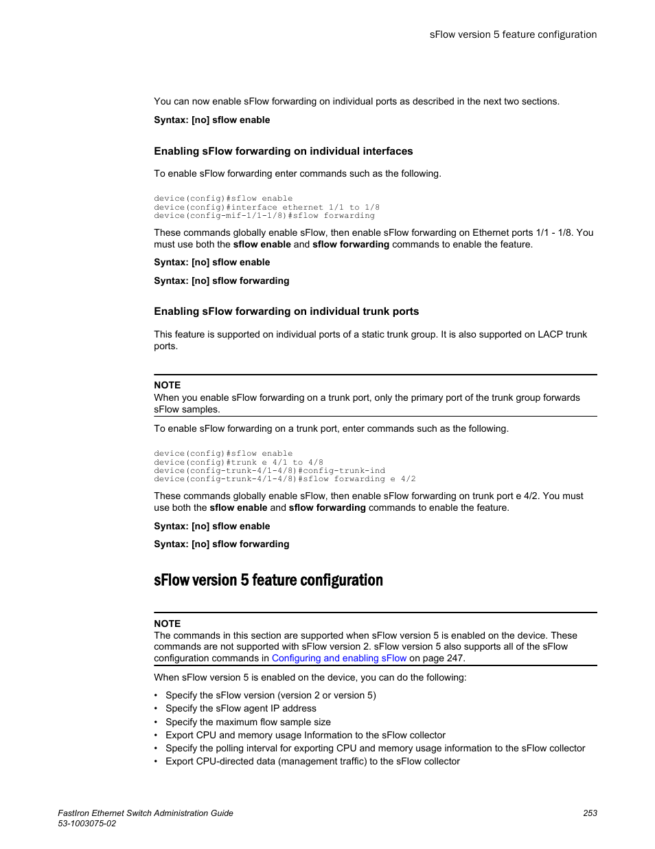 Sflow version 5 feature configuration, The section, Specific to sflow version 5 are documented in | Brocade FastIron Ethernet Switch Administration Guide User Manual | Page 253 / 362