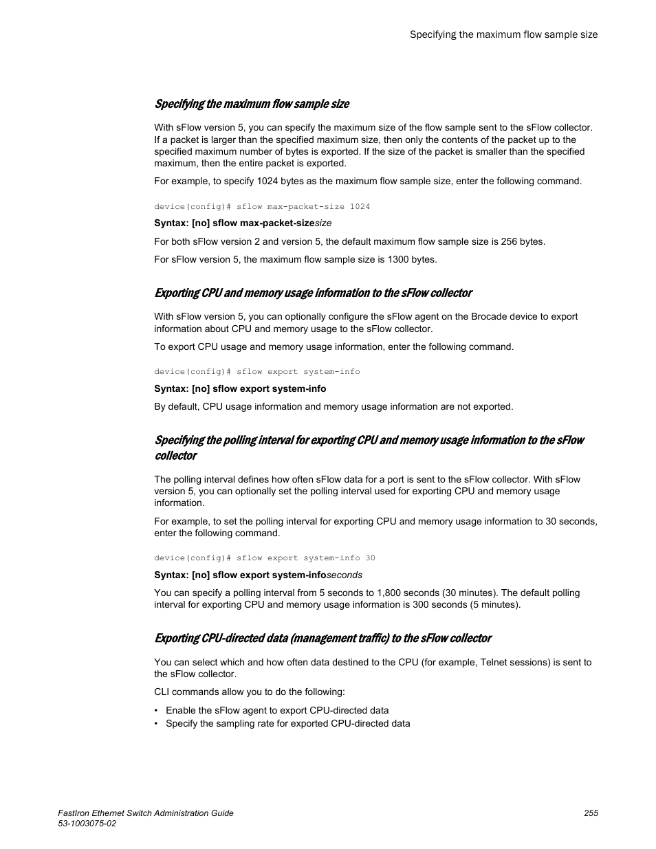 Specifying the maximum flow sample size | Brocade FastIron Ethernet Switch Administration Guide User Manual | Page 255 / 362