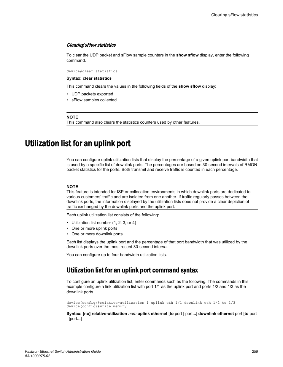 Clearing sflow statistics, Utilization list for an uplink port, Utilization list for an uplink port command syntax | Brocade FastIron Ethernet Switch Administration Guide User Manual | Page 259 / 362