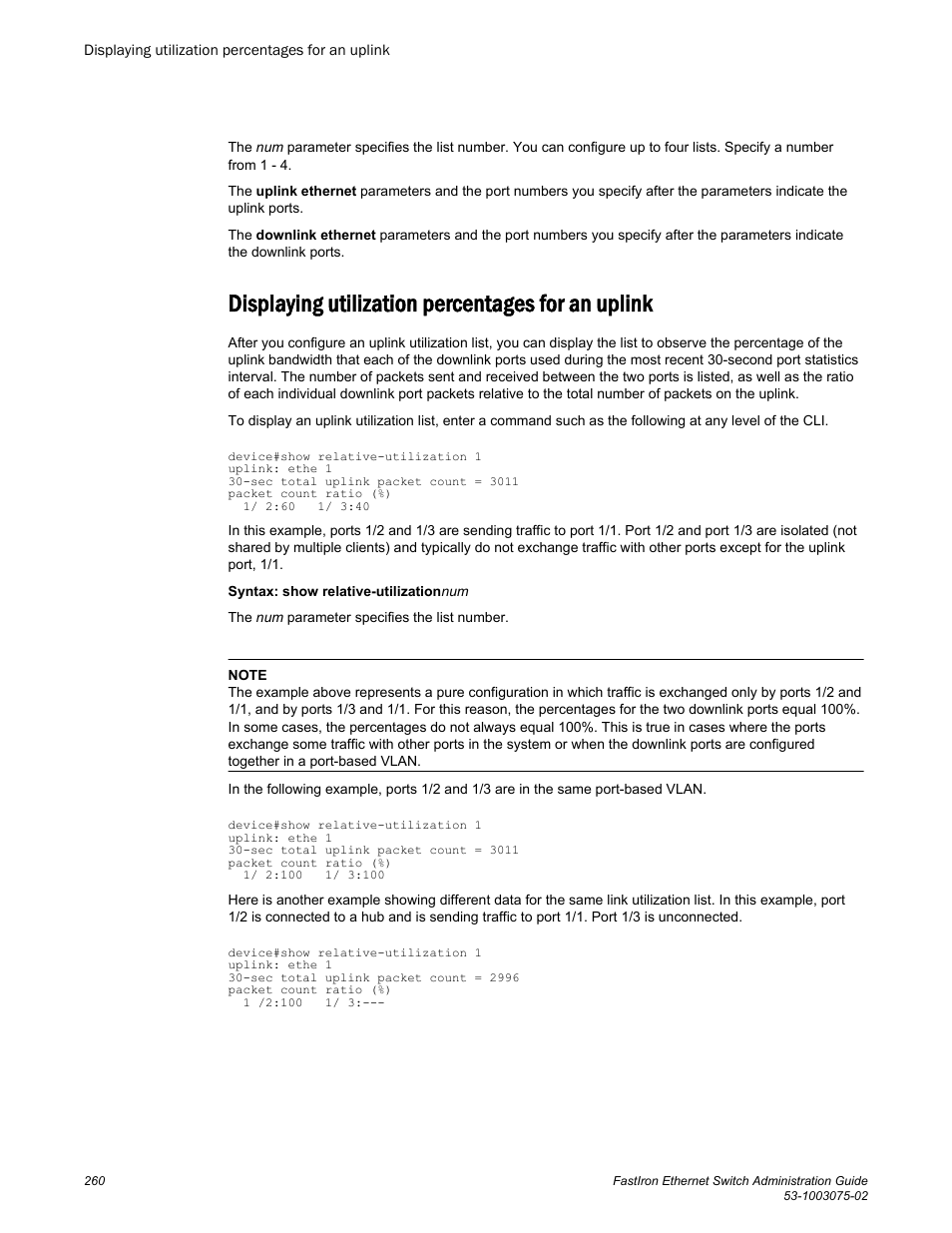 Displaying utilization percentages for an uplink | Brocade FastIron Ethernet Switch Administration Guide User Manual | Page 260 / 362