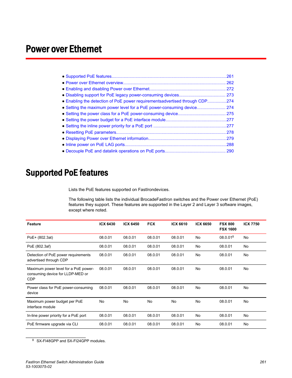 Power over ethernet, Supported poe features | Brocade FastIron Ethernet Switch Administration Guide User Manual | Page 261 / 362