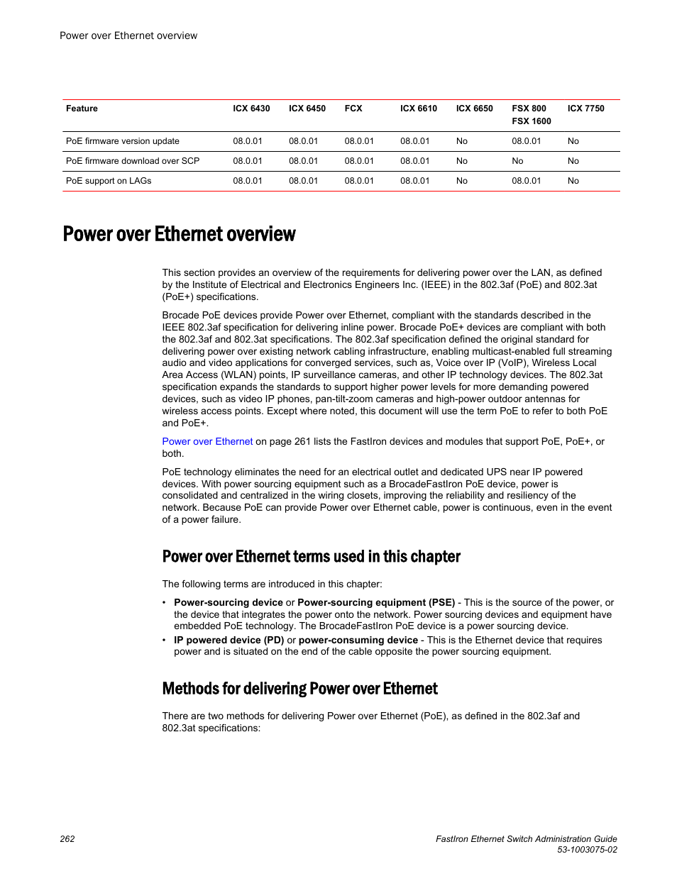 Power over ethernet overview, Power over ethernet terms used in this chapter, Methods for delivering power over ethernet | Brocade FastIron Ethernet Switch Administration Guide User Manual | Page 262 / 362