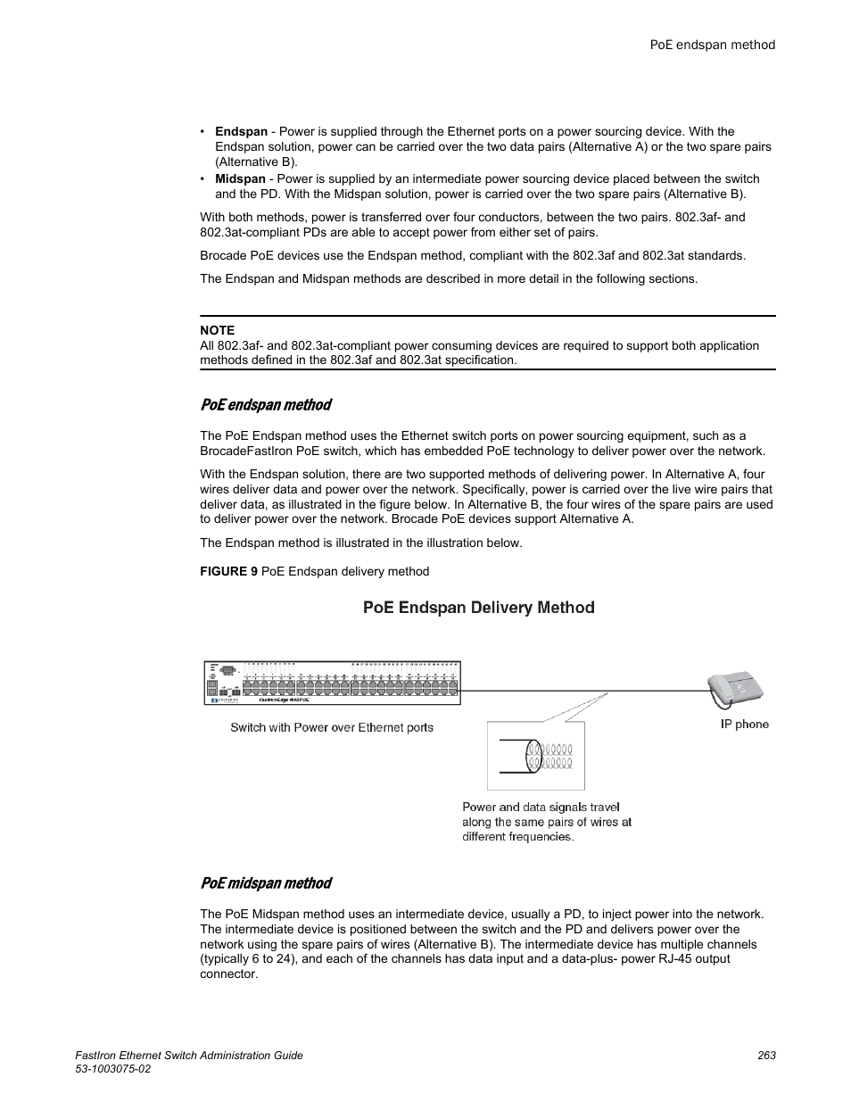 Poe endspan method, Poe midspan method | Brocade FastIron Ethernet Switch Administration Guide User Manual | Page 263 / 362