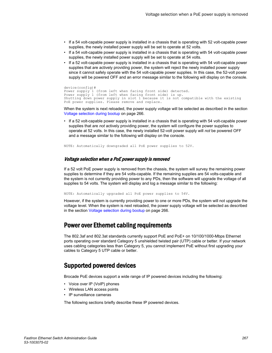 Power over ethernet cabling requirements, Supported powered devices | Brocade FastIron Ethernet Switch Administration Guide User Manual | Page 267 / 362