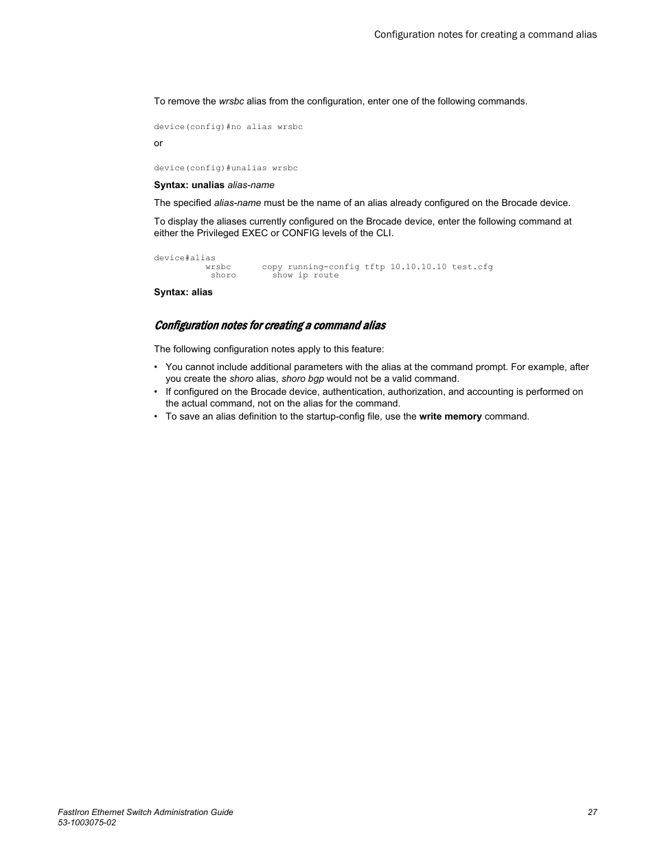 Configuration notes for creating a command alias | Brocade FastIron Ethernet Switch Administration Guide User Manual | Page 27 / 362