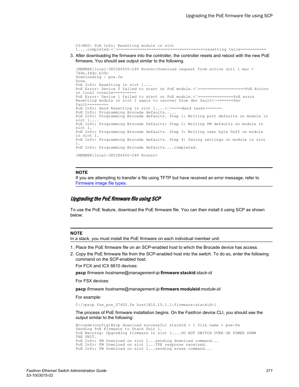 Upgrading the poe firmware file using scp | Brocade FastIron Ethernet Switch Administration Guide User Manual | Page 271 / 362