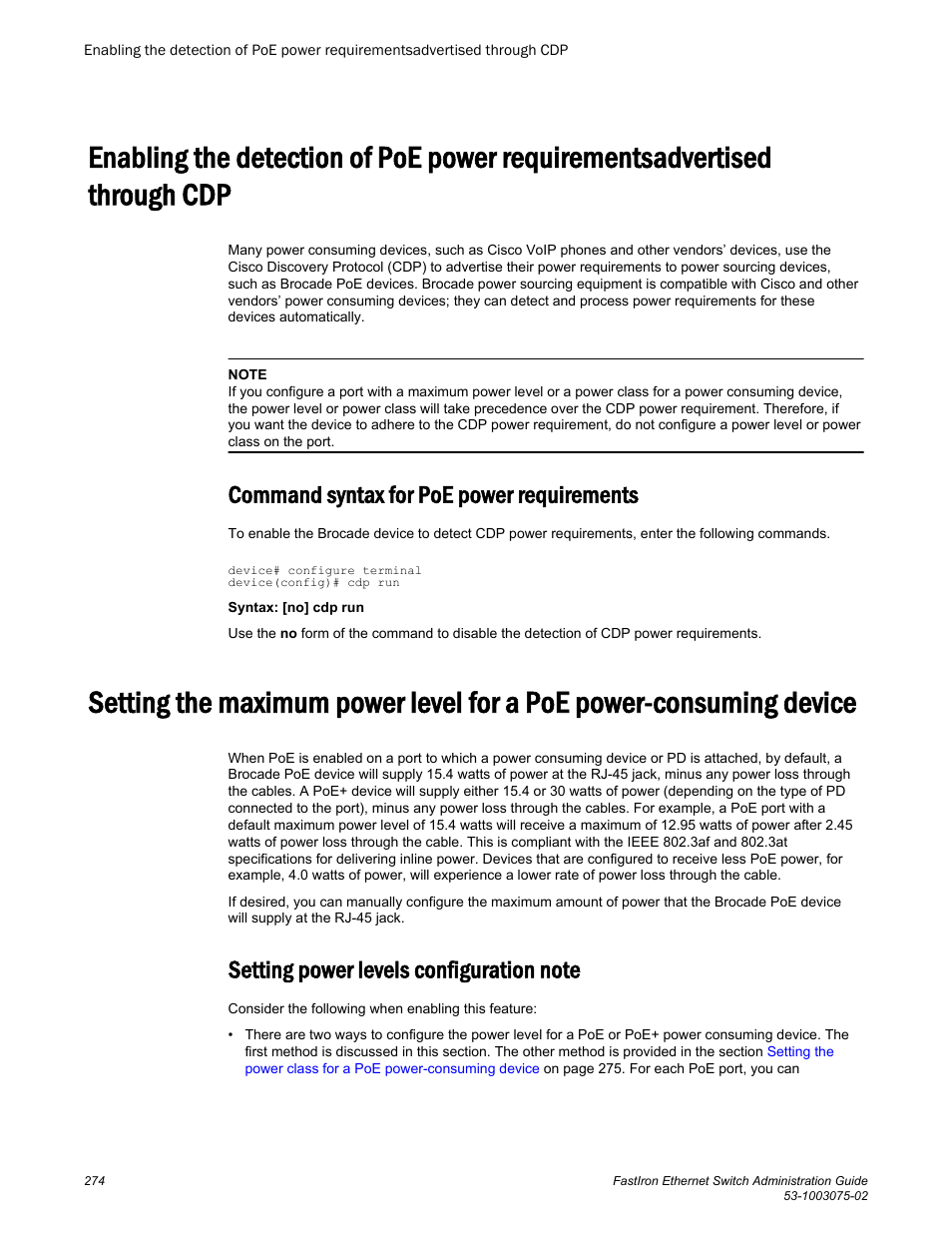 Command syntax for poe power requirements, Setting power levels configuration note | Brocade FastIron Ethernet Switch Administration Guide User Manual | Page 274 / 362