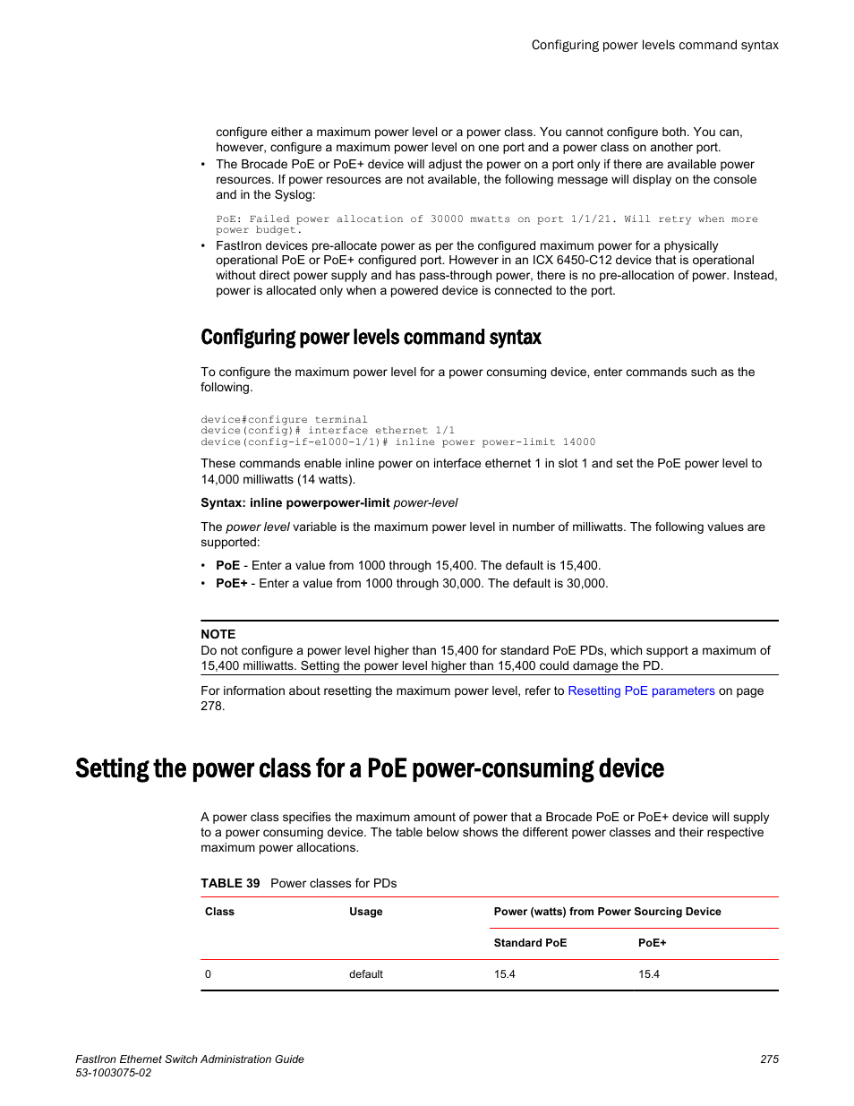 Configuring power levels command syntax | Brocade FastIron Ethernet Switch Administration Guide User Manual | Page 275 / 362