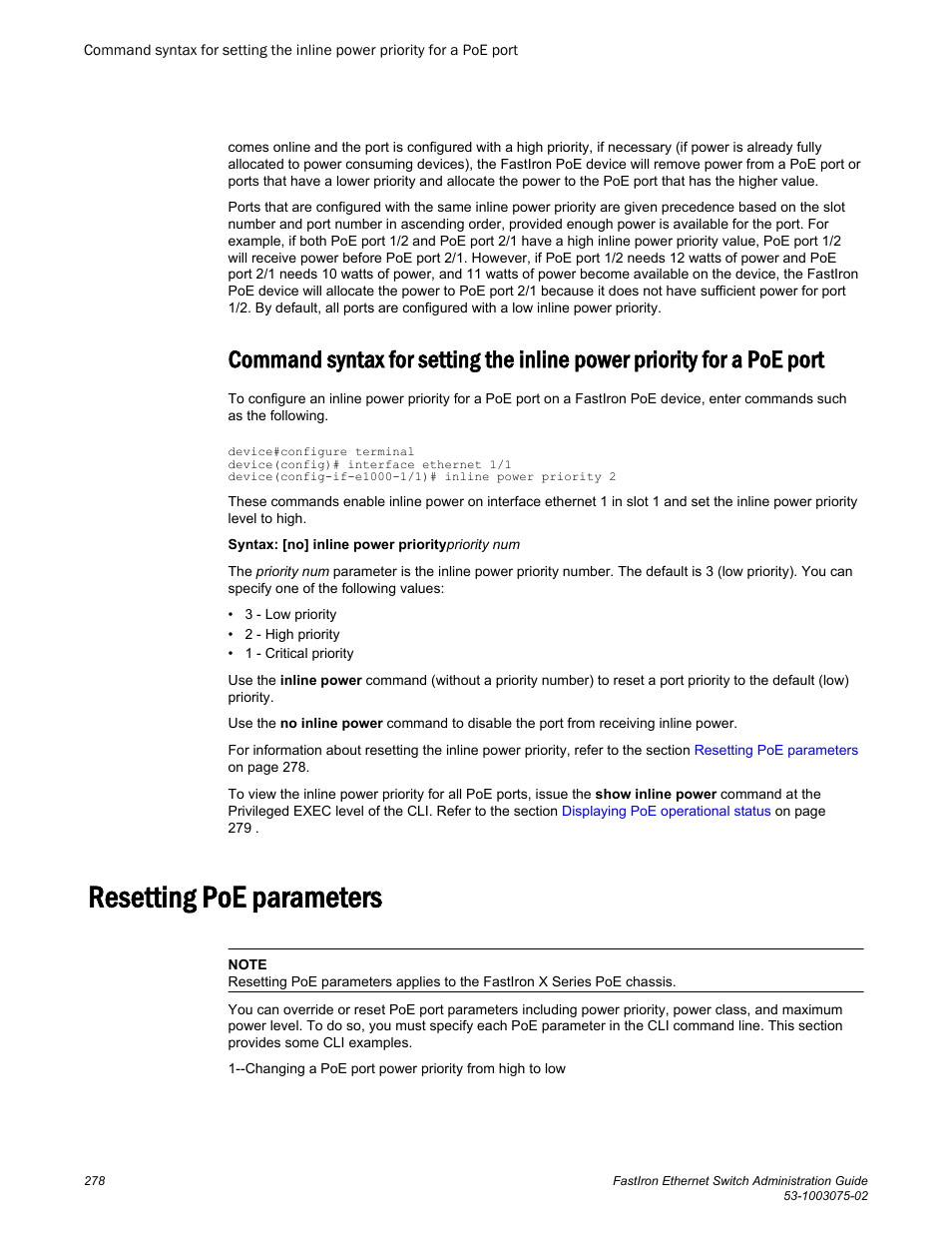 Resetting poe parameters, Port | Brocade FastIron Ethernet Switch Administration Guide User Manual | Page 278 / 362