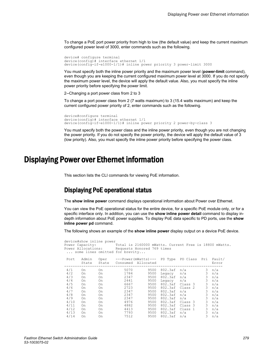 Displaying power over ethernet information, Displaying poe operational status | Brocade FastIron Ethernet Switch Administration Guide User Manual | Page 279 / 362