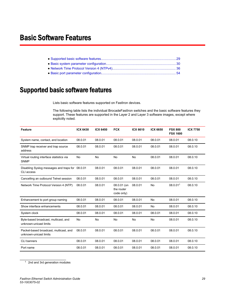 Basic software features, Supported basic software features | Brocade FastIron Ethernet Switch Administration Guide User Manual | Page 29 / 362
