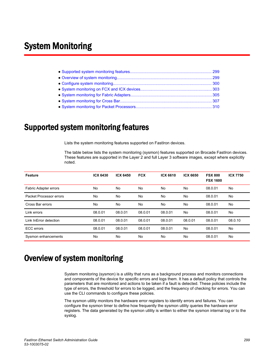 System monitoring, Supported system monitoring features, Overview of system monitoring | Brocade FastIron Ethernet Switch Administration Guide User Manual | Page 299 / 362