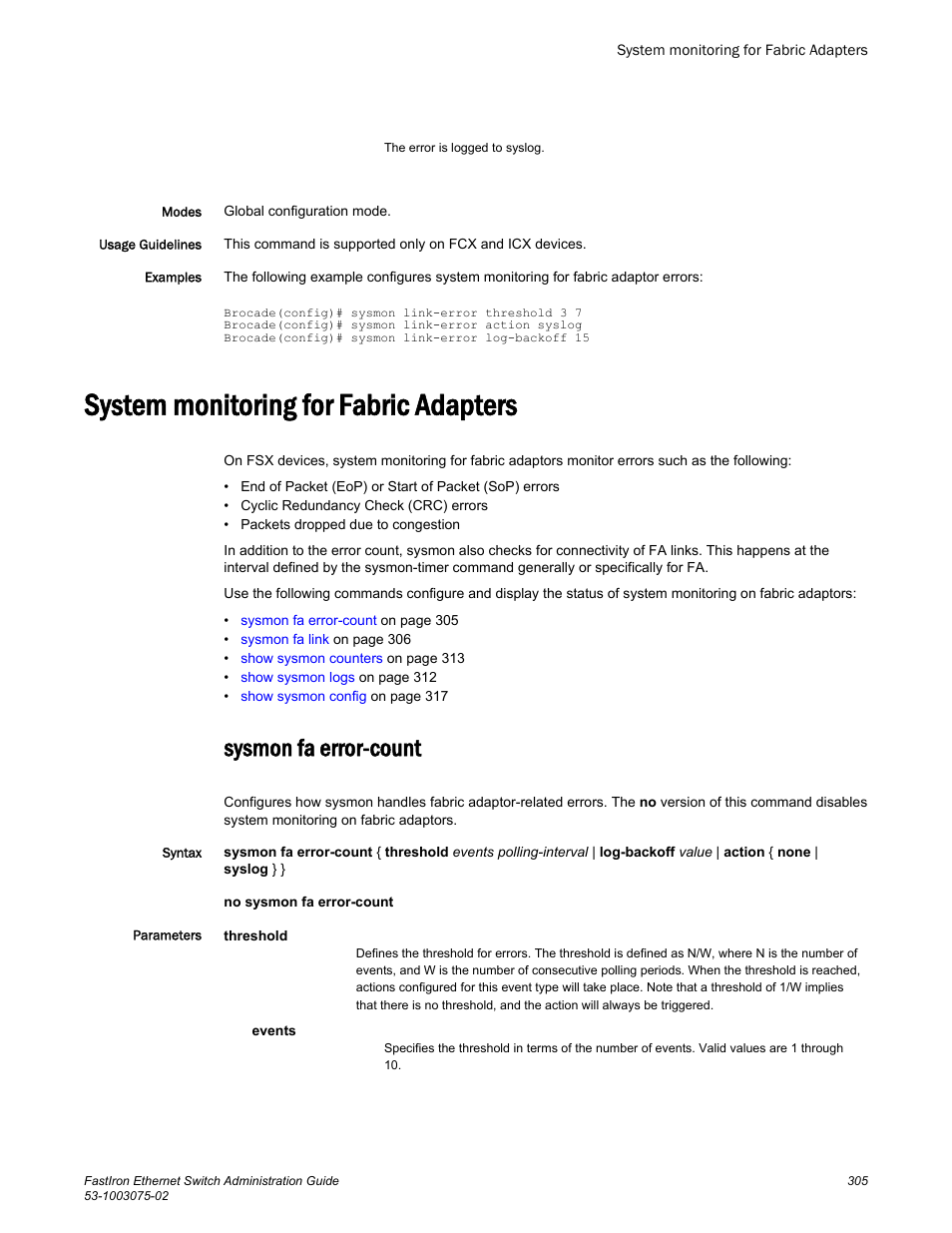 System monitoring for fabric adapters, Sysmon fa error-count | Brocade FastIron Ethernet Switch Administration Guide User Manual | Page 305 / 362