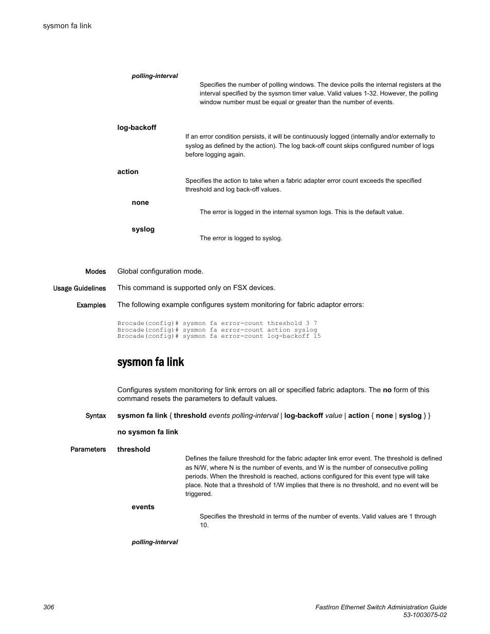 Sysmon fa link | Brocade FastIron Ethernet Switch Administration Guide User Manual | Page 306 / 362