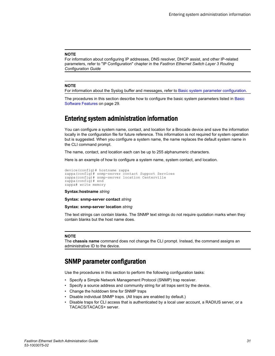 Entering system administration information, Snmp parameter configuration | Brocade FastIron Ethernet Switch Administration Guide User Manual | Page 31 / 362