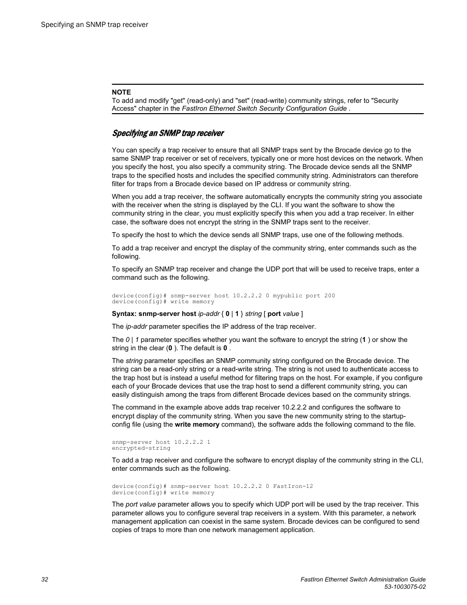 Specifying an snmp trap receiver | Brocade FastIron Ethernet Switch Administration Guide User Manual | Page 32 / 362