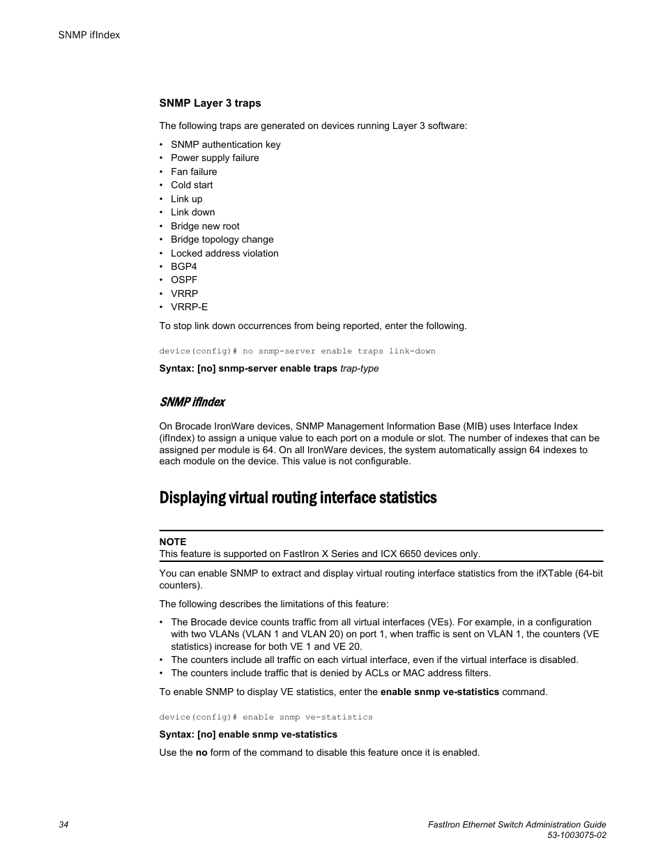 Snmp ifindex, Displaying virtual routing interface statistics | Brocade FastIron Ethernet Switch Administration Guide User Manual | Page 34 / 362