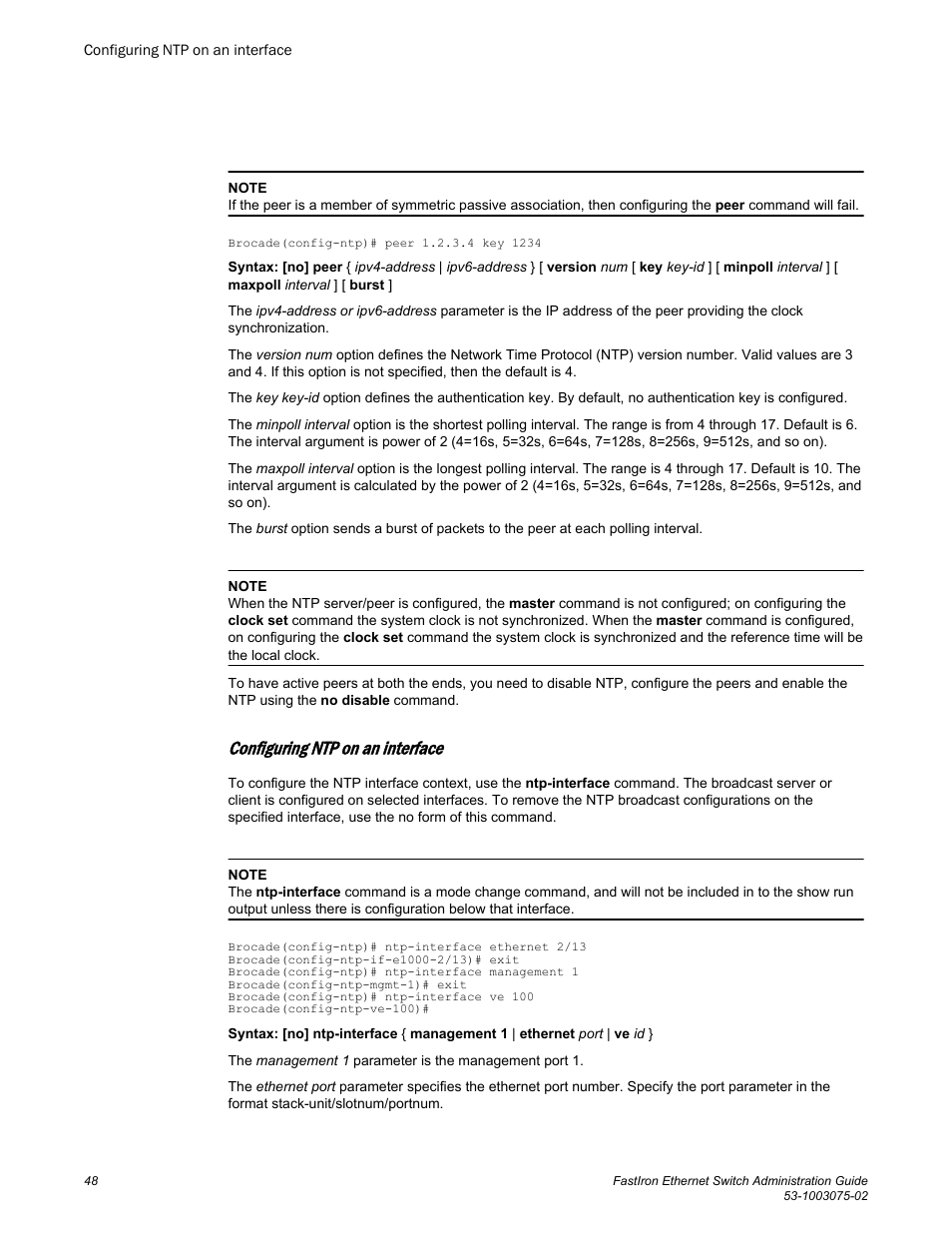 Configuring ntp on an interface | Brocade FastIron Ethernet Switch Administration Guide User Manual | Page 48 / 362