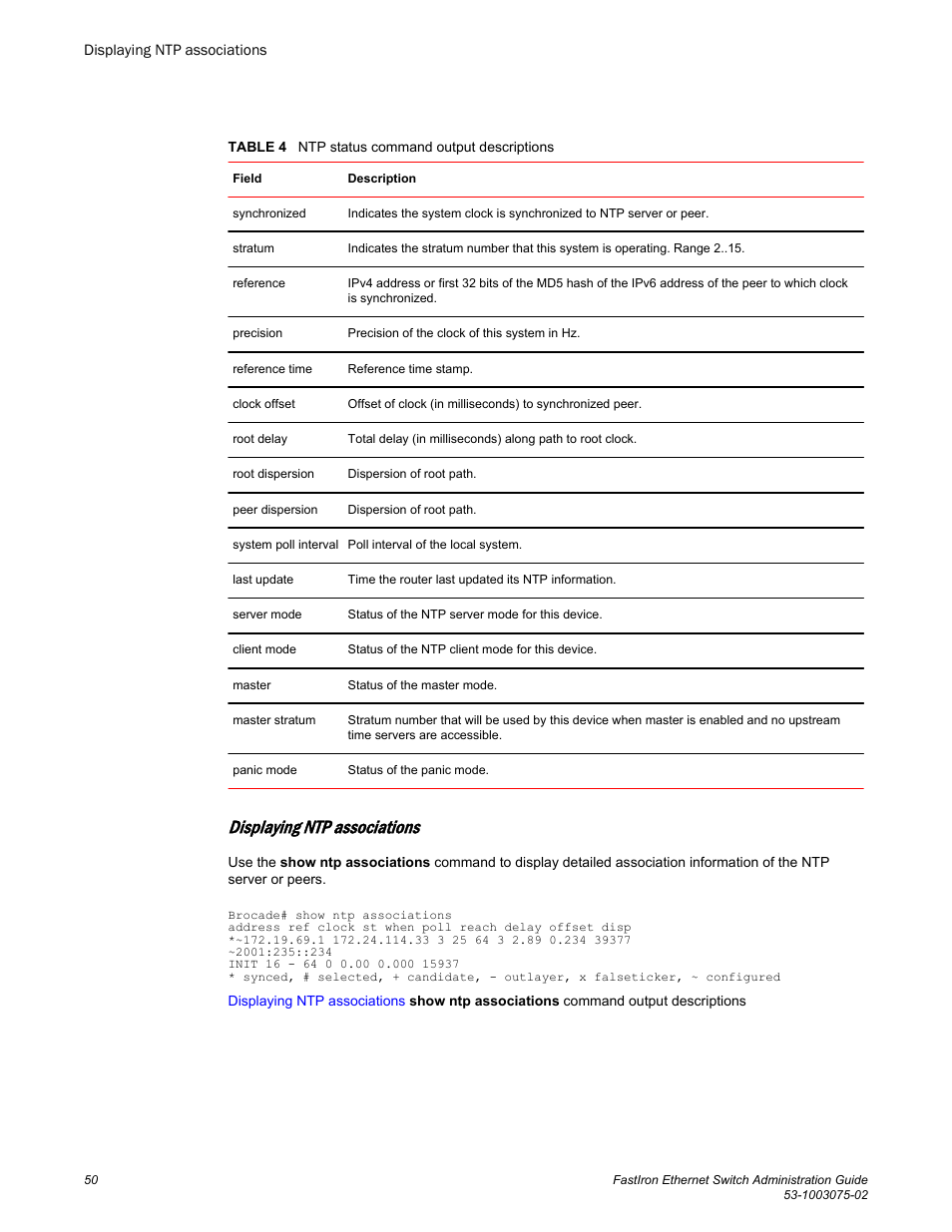 Displaying ntp associations | Brocade FastIron Ethernet Switch Administration Guide User Manual | Page 50 / 362