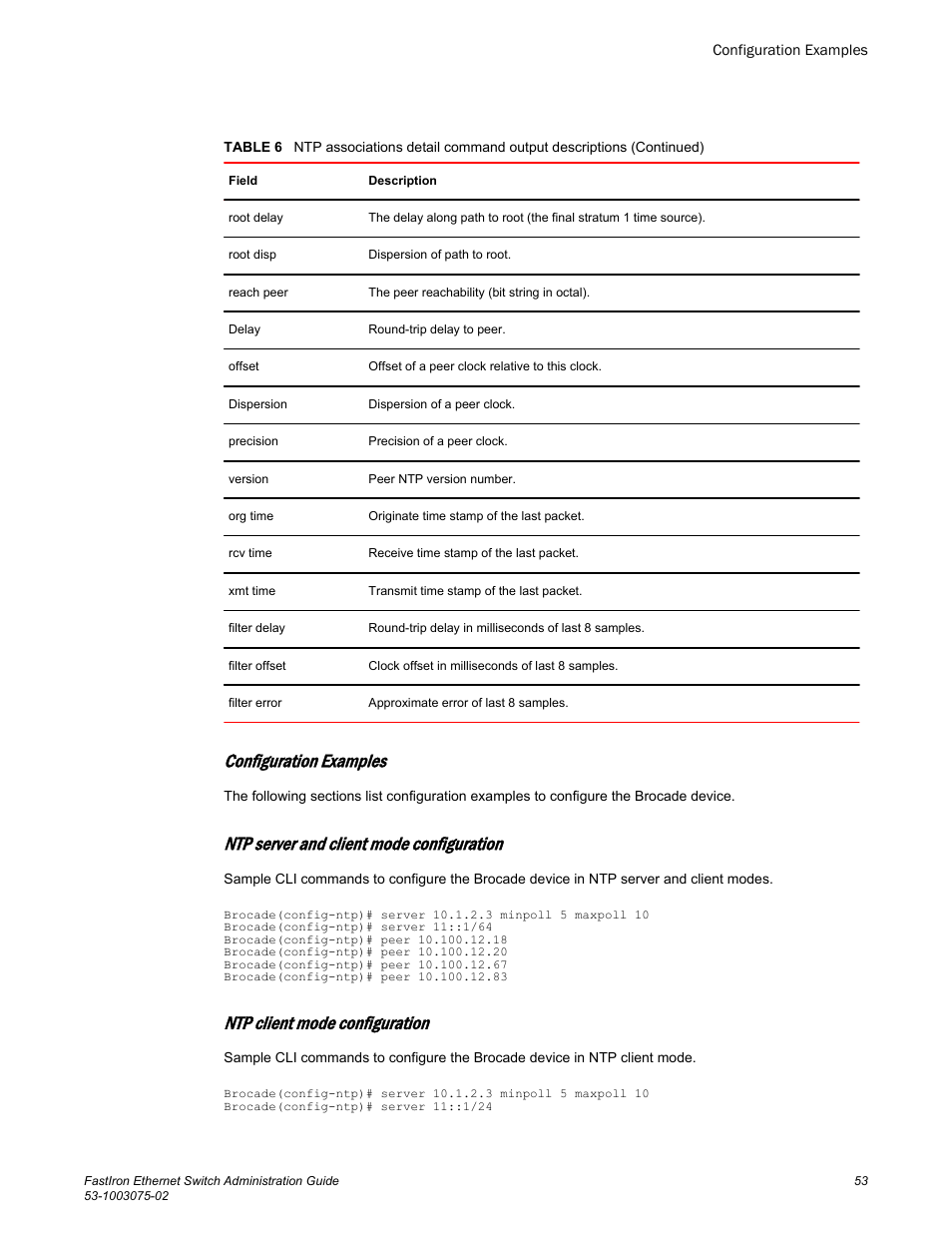 Configuration examples, Ntp server and client mode configuration, Ntp client mode configuration | Brocade FastIron Ethernet Switch Administration Guide User Manual | Page 53 / 362