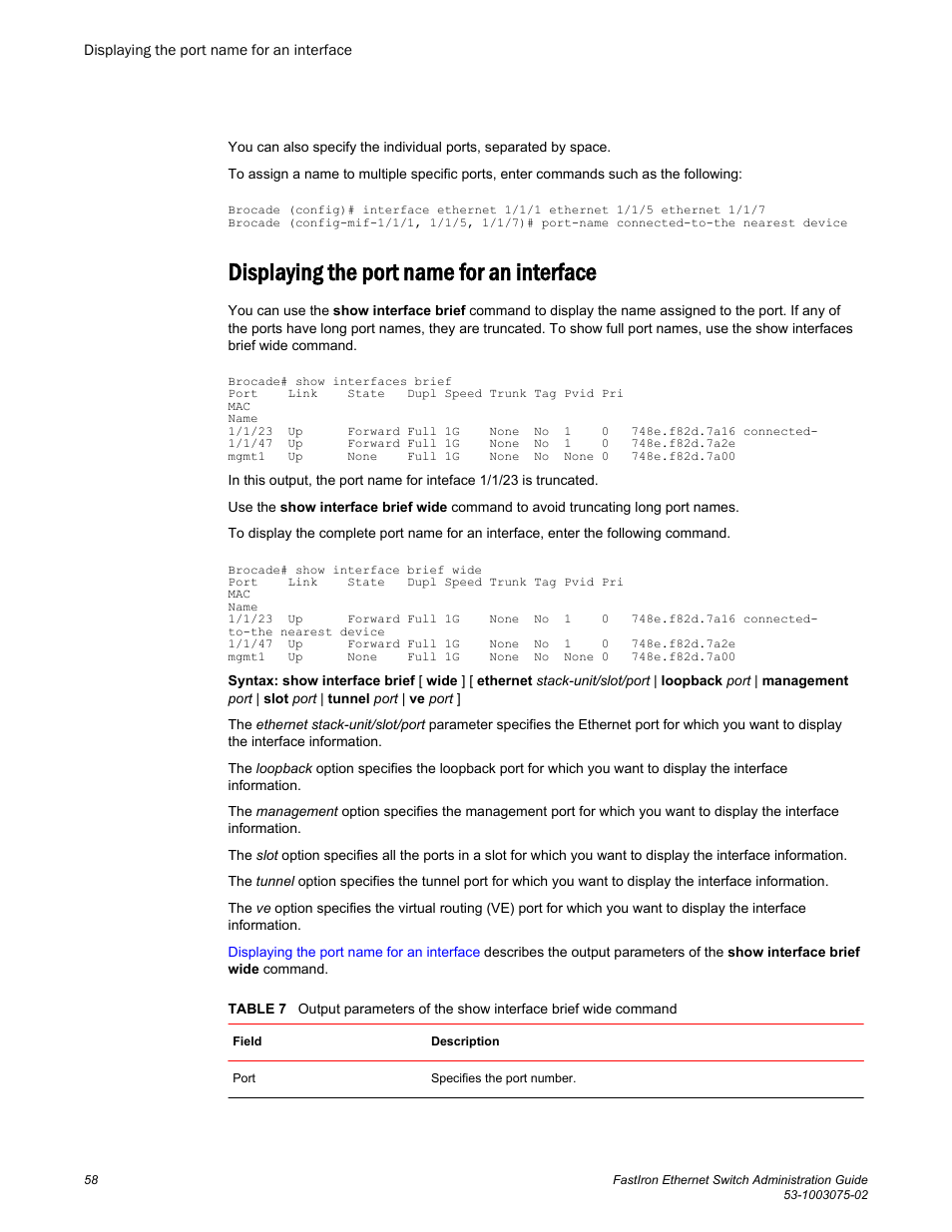 Displaying the port name for an interface | Brocade FastIron Ethernet Switch Administration Guide User Manual | Page 58 / 362