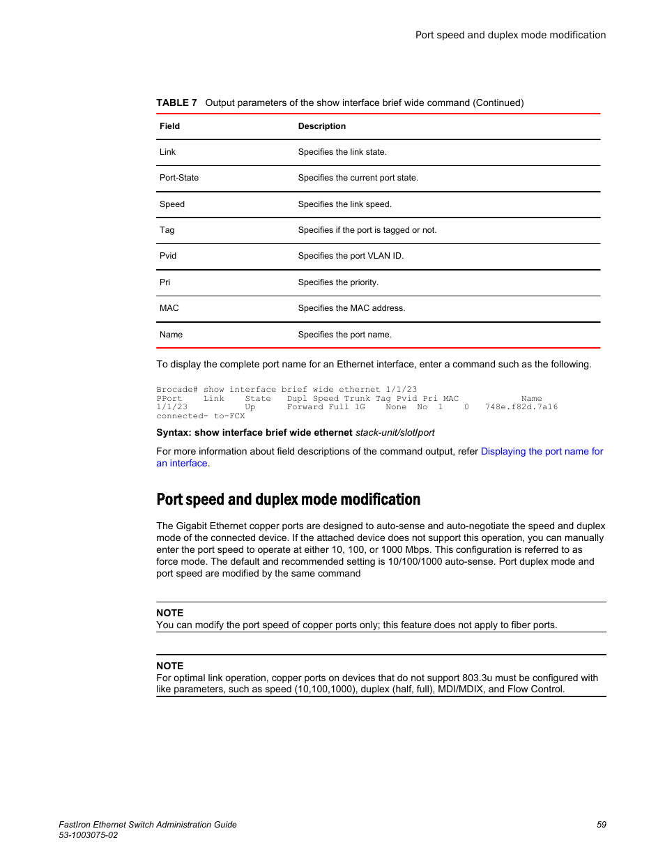 Port speed and duplex mode modification | Brocade FastIron Ethernet Switch Administration Guide User Manual | Page 59 / 362