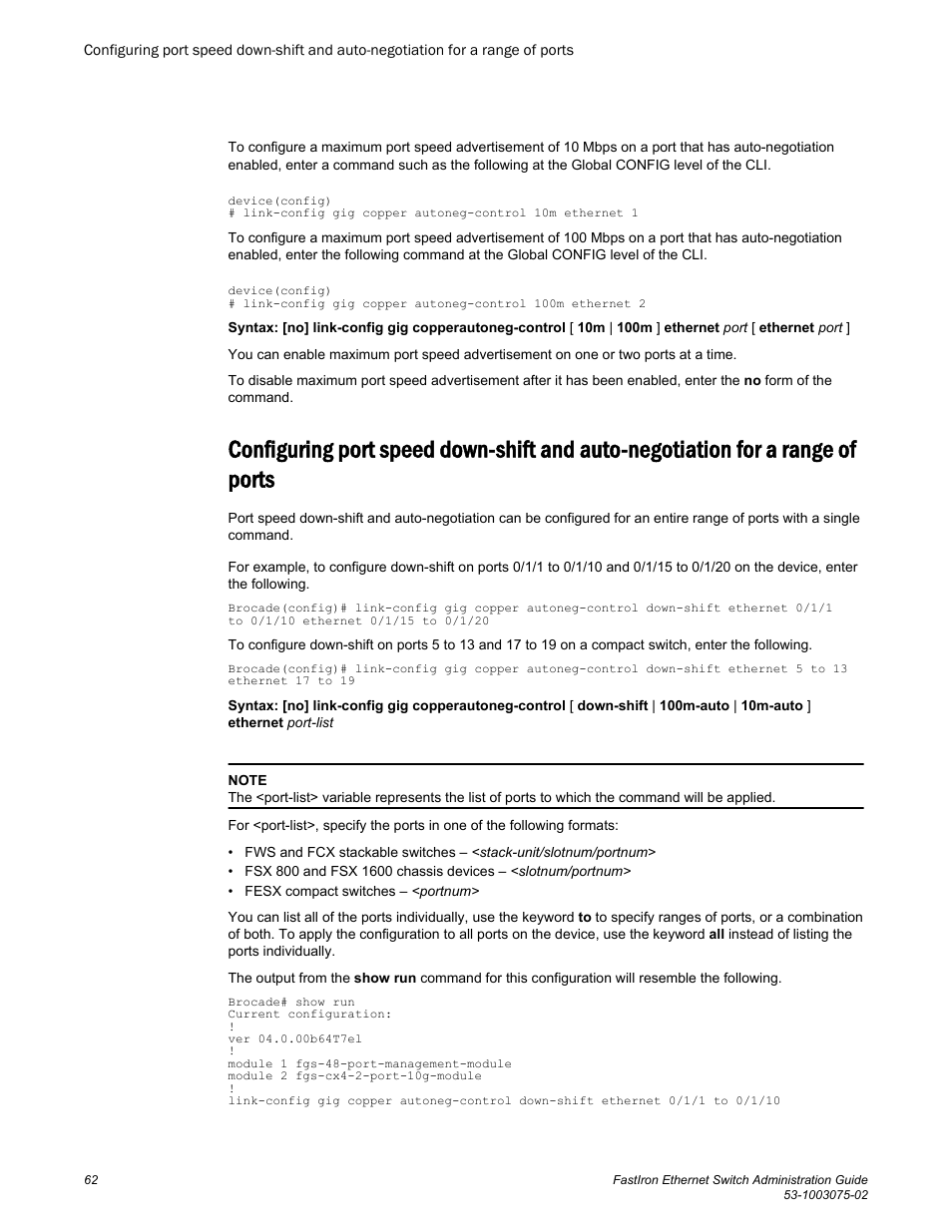 Range of ports | Brocade FastIron Ethernet Switch Administration Guide User Manual | Page 62 / 362