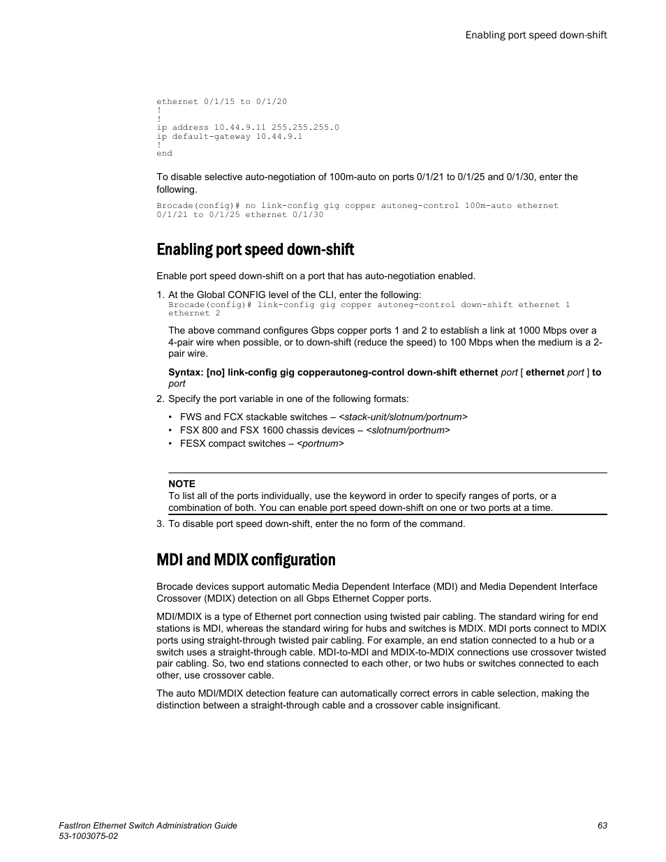 Enabling port speed down-shift, Mdi and mdix configuration | Brocade FastIron Ethernet Switch Administration Guide User Manual | Page 63 / 362