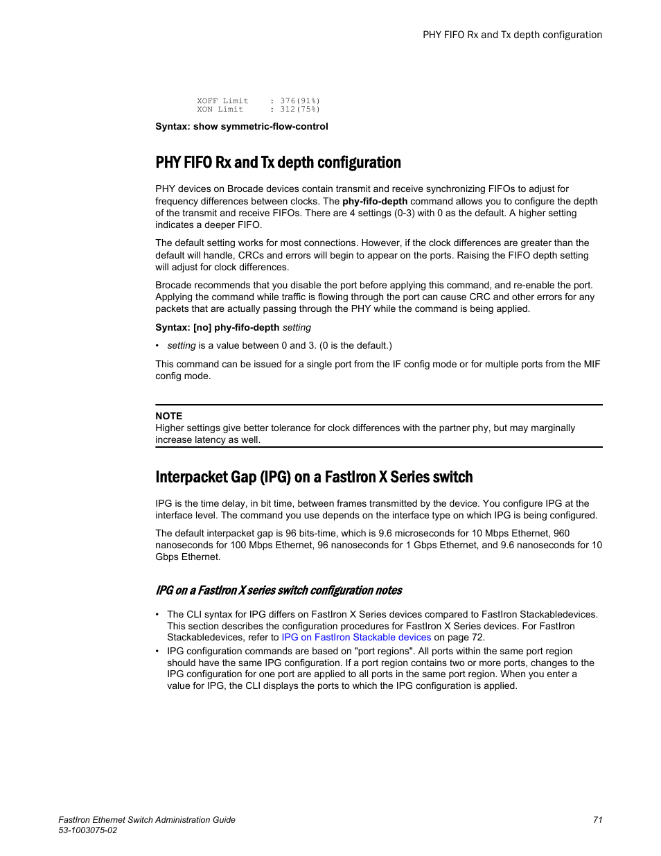 Phy fifo rx and tx depth configuration | Brocade FastIron Ethernet Switch Administration Guide User Manual | Page 71 / 362