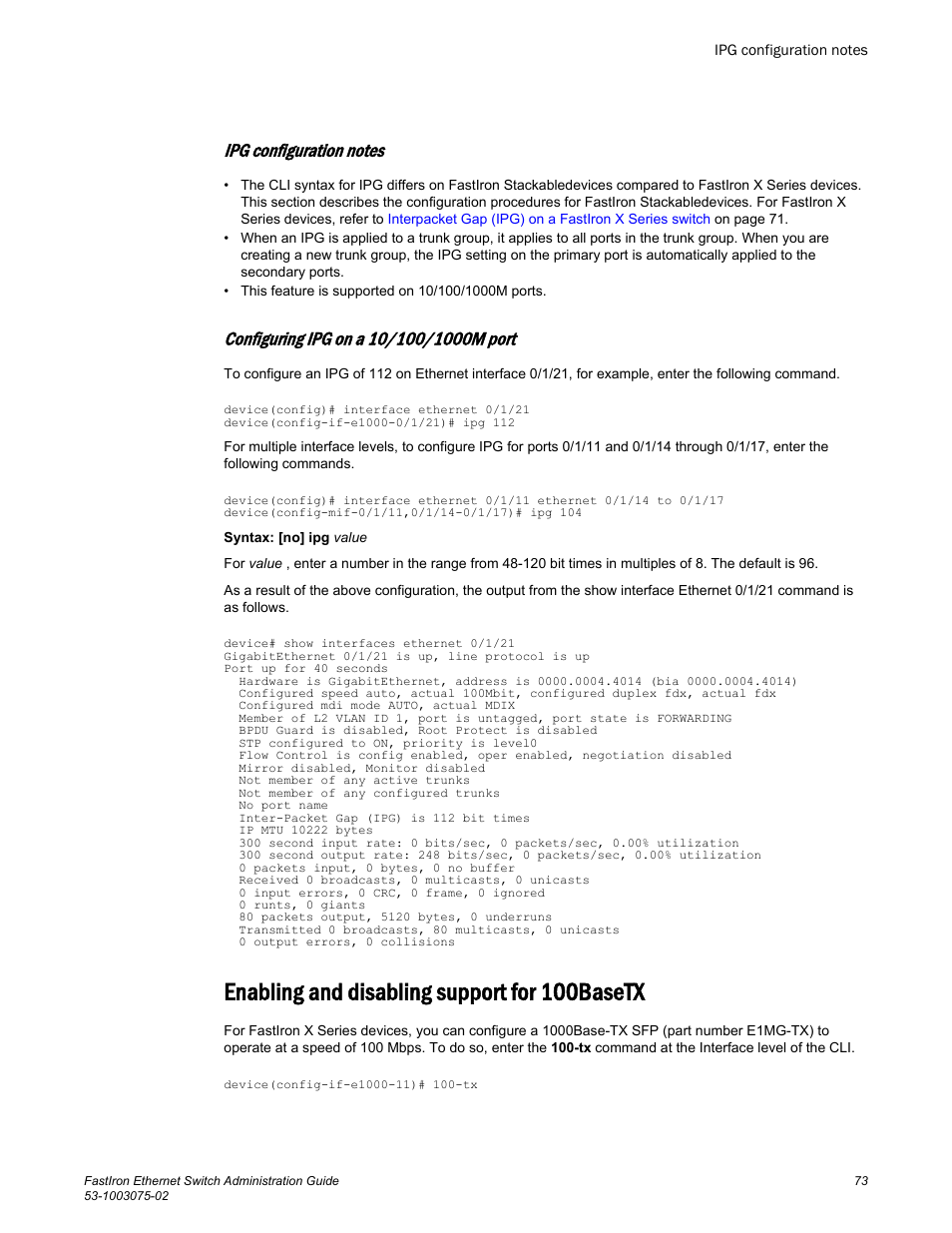 Ipg configuration notes, Configuring ipg on a 10/100/1000m port, Enabling and disabling support for 100basetx | Brocade FastIron Ethernet Switch Administration Guide User Manual | Page 73 / 362