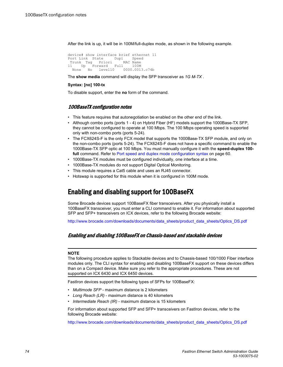 100basetx configuration notes, Enabling and disabling support for 100basefx | Brocade FastIron Ethernet Switch Administration Guide User Manual | Page 74 / 362