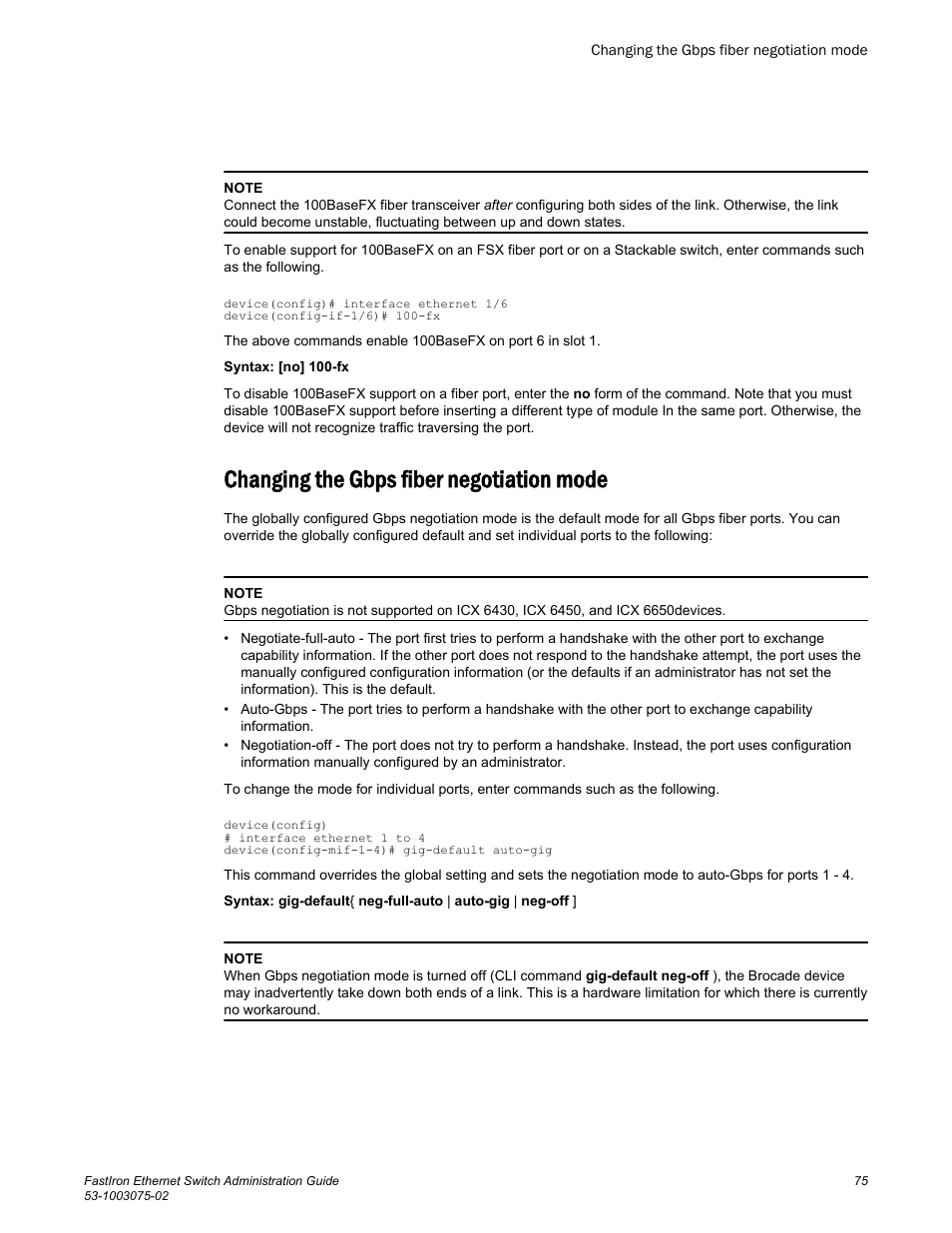 Changing the gbps fiber negotiation mode | Brocade FastIron Ethernet Switch Administration Guide User Manual | Page 75 / 362