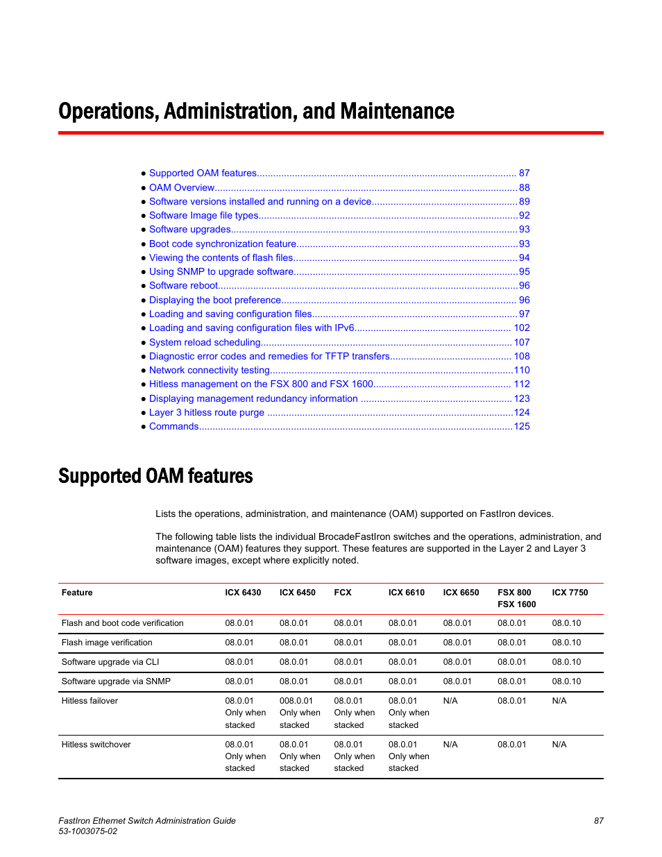 Operations, administration, and maintenance, Supported oam features | Brocade FastIron Ethernet Switch Administration Guide User Manual | Page 87 / 362
