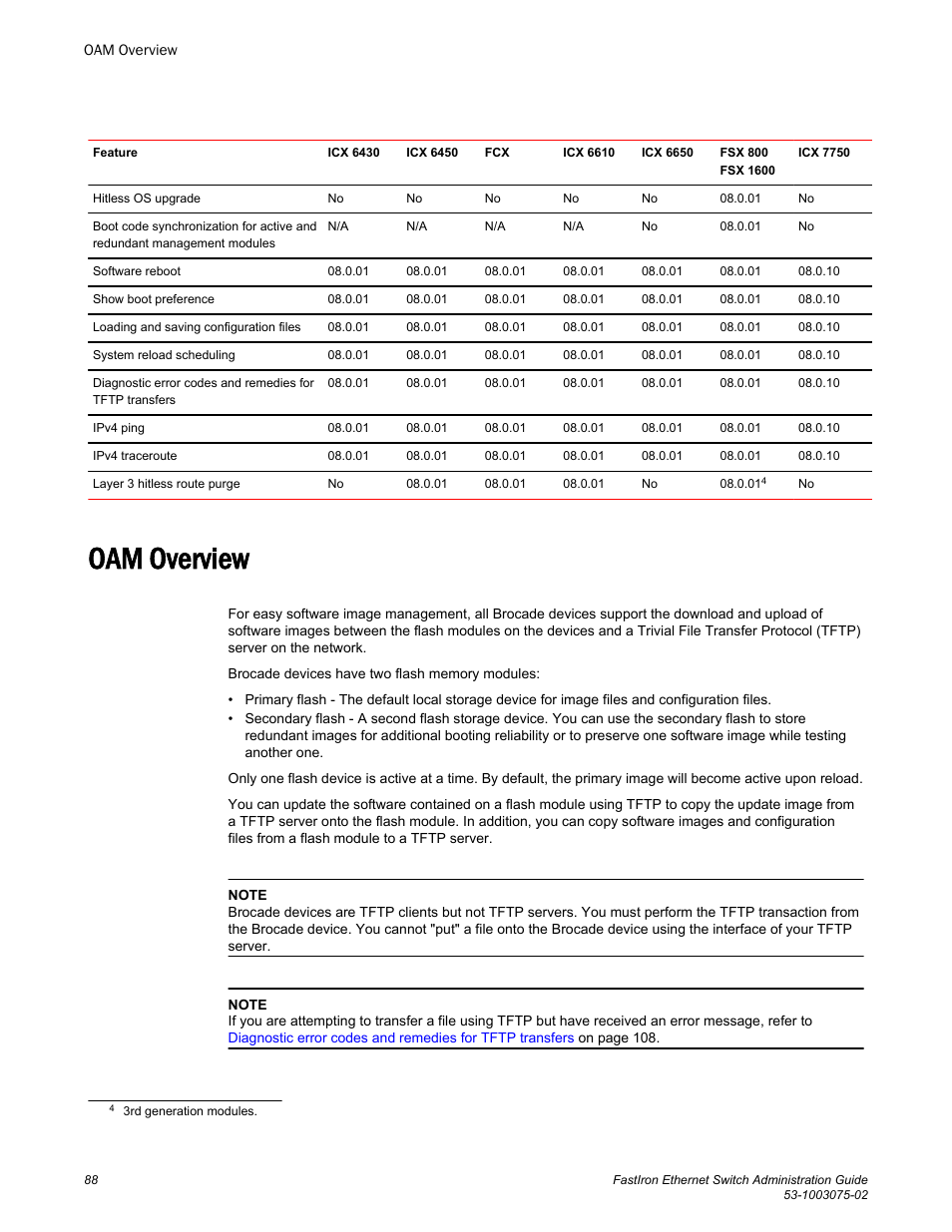 Oam overview | Brocade FastIron Ethernet Switch Administration Guide User Manual | Page 88 / 362